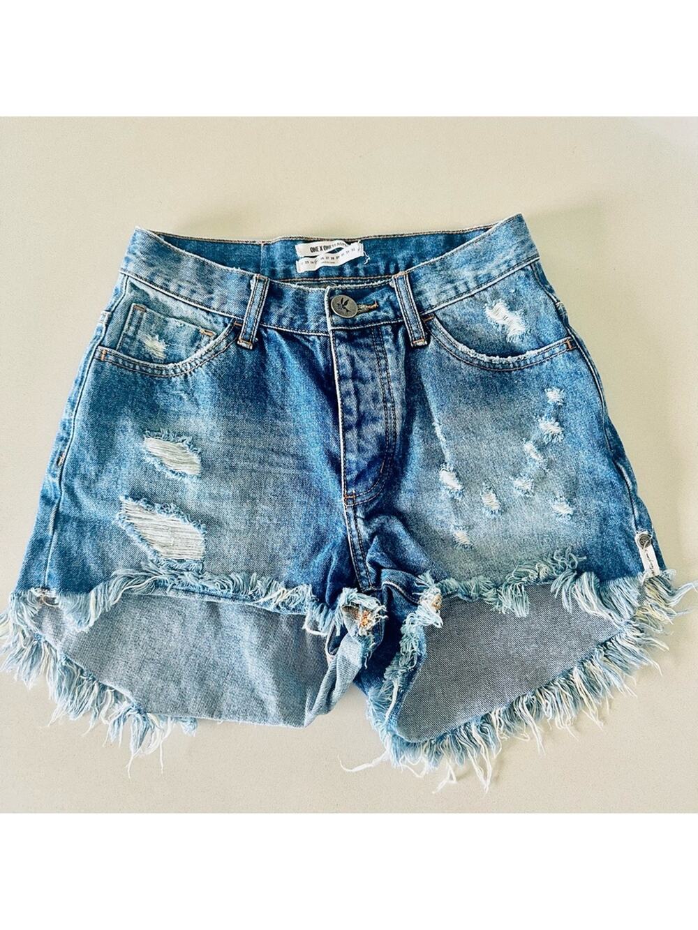 ONE TEASPOON High Rise Bonitas Distressed Mid Blue Wash Denim Cutoffs Short 25